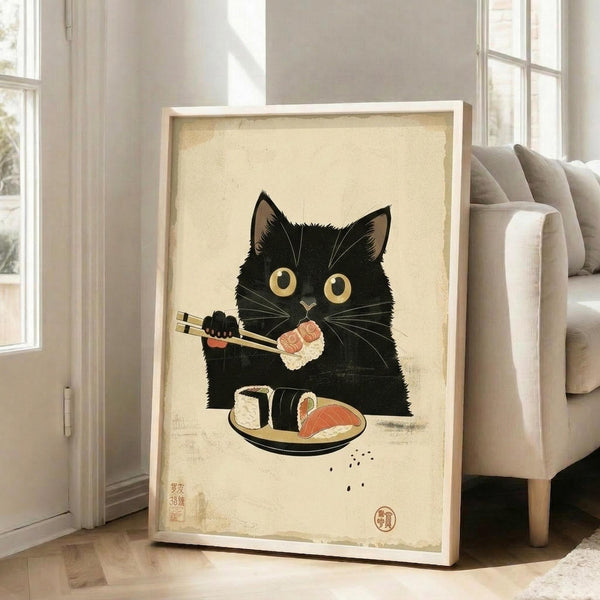 May include: Framed poster print leaning against white wall in bright living room with beige sofa. Artwork shows adorable black cat with large golden eyes holding chopsticks, sitting behind plate of sushi rolls. Japanese-inspired illustration style with cream background, red accent colors, and traditional characters in corners. Natural lighting creates soft shadows on light wooden floors.