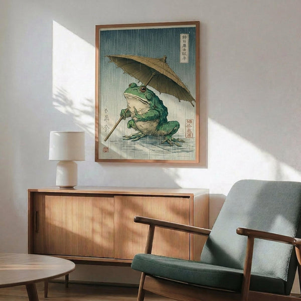 May include: Japanese woodblock-style artwork showing a green frog holding an umbrella in falling rain, displayed in a wooden frame above a mid-century modern credenza. The print features traditional ukiyo-e art style with Japanese characters, mounted on a white wall next to a ceramic table lamp and sage green upholstered chair with wooden arms.
