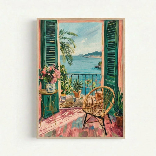 Framed artwork showing a Mediterranean balcony scene with green wooden shutters opened to reveal an ocean view with mountains. The terrace features a wicker chair, small round table with flowers in a decorative vase, potted plants, and coral-pink tiled flooring. Palm fronds frame the seaside vista under a blue sky with white clouds. The illustration has a vintage 1950s aesthetic with warm peachy walls and tropical vegetation.