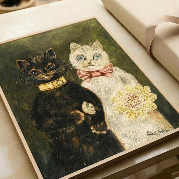 A vintage-style illustration of two cats on green background - a black cat wearing a golden collar sits beside a white cat with blue eyes wearing a pink bow tie and holding yellow flowers. The artwork has a classic children's book aesthetic with detailed fur textures and is signed "Louis Wain" in the corner. The print is displayed on white paper with cream ribbon visible nearby.