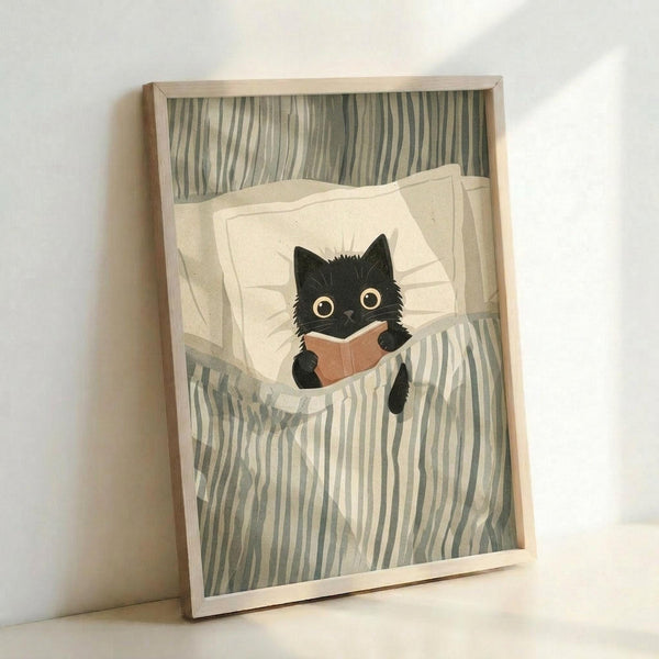 May include: Framed artwork showing a black cat with large golden eyes reading a small brown book while tucked under gray and white striped bedding against white pillows. The illustration has a cozy, whimsical style with soft colors. The wooden frame leans against a white wall, casting a subtle shadow.