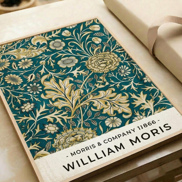 May include: Victorian-style botanical poster with intricate teal and cream floral pattern featuring chrysanthemums, sunflowers, and decorative leaves in an ornate Arts and Crafts design. The print appears matted in cream with "Morris & Company 1866" and "William Morris" text at bottom, displayed on white paper with neutral ribbon beside it on a wooden surface.