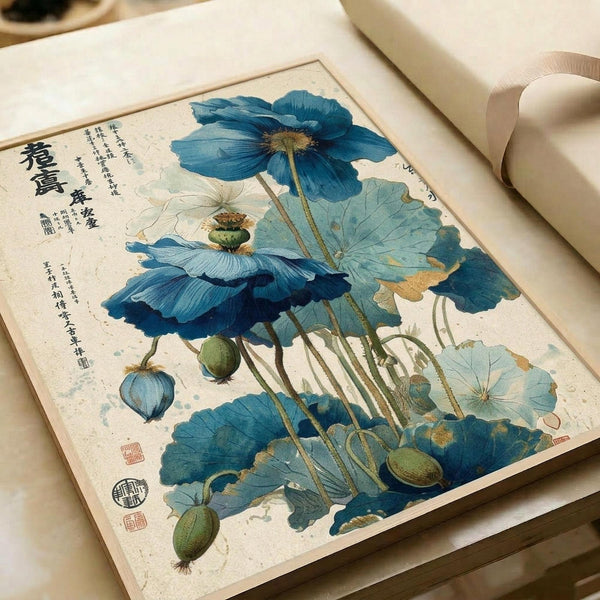 Japanese botanical illustration featuring vibrant blue poppies with detailed stems, leaves, and seed pods against cream background. Traditional calligraphy text appears on left side with red seal stamps. The artwork is displayed in an open book or portfolio with white pages on a neutral surface, showing the delicate watercolor-style painting technique and educational diagram layout typical of vintage scientific studies.