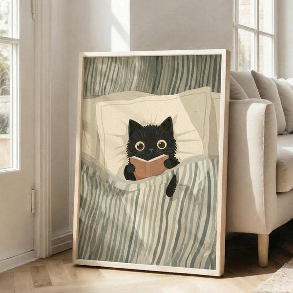 May include: Framed poster artwork showing a black cat with large golden eyes reading a small brown book while tucked under cream-colored bedsheets. The illustration features soft green and cream striped bedding in a cozy, whimsical art style. The wooden-framed print leans against a white wall next to a beige upholstered sofa in a bright, naturally-lit room with hardwood floors.