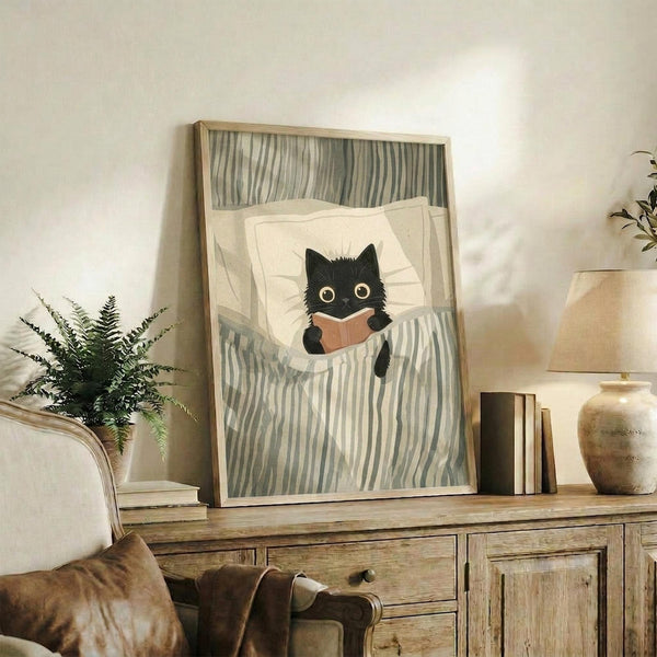 May include: Framed artwork showing a black cat with yellow eyes reading a small brown book while tucked in bed under gray and white striped bedding. The illustration has a cozy, whimsical style with muted tones. The wooden frame sits on a rustic sideboard alongside decorative pottery, books, and a fern plant, with a beige armchair visible in the foreground.