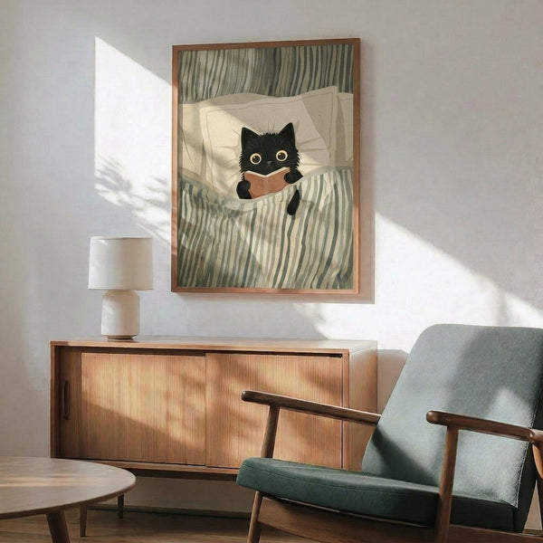 May include: Framed poster print showing a black cat with bright yellow eyes reading a small book while tucked under green and white striped bedding. The artwork is displayed above a wooden sideboard with a white ceramic table lamp in a modern living room with sage green upholstered chair and round coffee table. Warm sunlight streams across white walls creating geometric shadows.