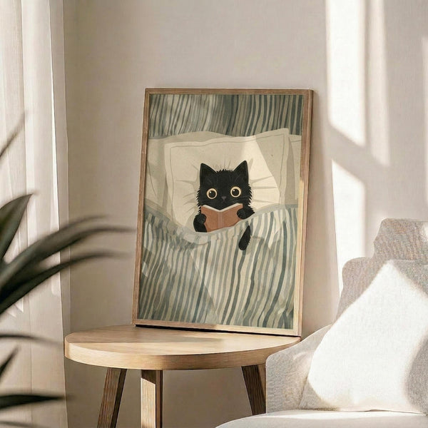 May include: Framed poster print showing a black cat with wide yellow eyes reading a small book while tucked under green and white striped bedding against white pillows. The illustration has a cozy, whimsical style. The wooden frame sits on a round natural wood side table next to a beige upholstered chair with white throw pillow. Soft natural lighting creates shadows on the cream wall, with a plant visible in the corner.