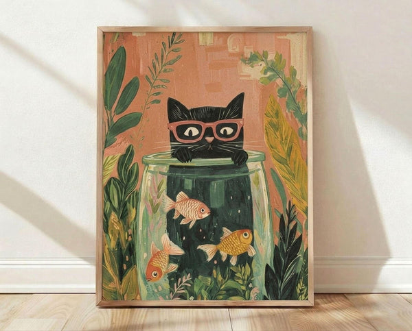 May include: Framed poster print leaning against white wall on light wood floor with sunlight shadows. Shows whimsical illustration of black cat wearing pink glasses perched on rim of large glass jar containing three orange goldfish swimming among green aquatic plants. Background features coral-pink tones with botanical foliage in greens and yellows. Natural wood frame, approximately 16x20 inch scale.