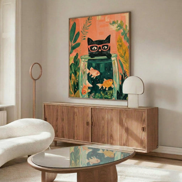 May include: Framed artwork showing a black cat wearing pink glasses peering over a fishbowl containing orange goldfish, surrounded by green foliage on a coral background. Displayed above a wooden credenza with sliding doors in a modern living room with white curved chair, glass coffee table, and warm natural lighting.