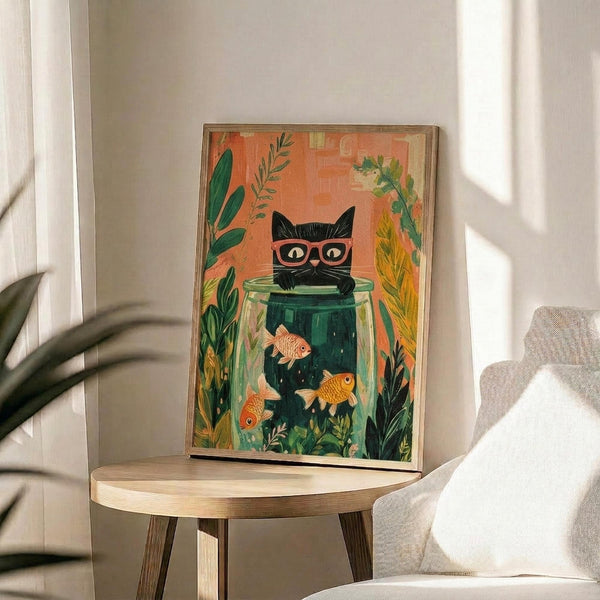 May include: Framed art print displayed on round wooden side table next to beige upholstered chair. The colorful illustration shows a black cat wearing pink glasses perched behind a fishbowl containing three orange goldfish and aquatic plants, surrounded by green foliage on a coral pink background. Natural sunlight streams across the neutral-toned room setting with houseplant visible in corner.