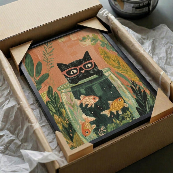 May include: Framed poster print in black frame being unpacked from brown cardboard shipping box with white tissue paper. Artwork shows black cat wearing pink glasses looking down at fishbowl containing three goldfish swimming among aquatic plants. Warm coral background with green botanical foliage surrounding the scene. Illustration has vintage-inspired art style with textured appearance.