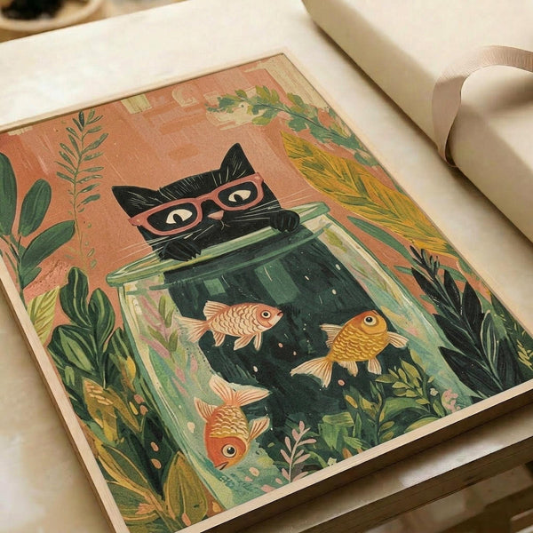 Black cat wearing pink glasses peeks over the rim of a glass fishbowl containing three goldfish swimming among aquatic plants. The illustration features warm coral and green tones with botanical elements like ferns and leaves surrounding the scene. The artwork is displayed flat in an open book or portfolio with white pages and appears to have a vintage, hand-drawn aesthetic with textured linework.