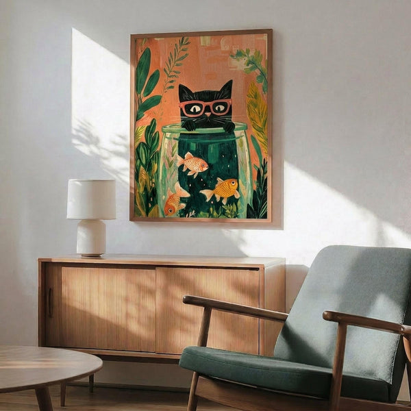 May include: Framed poster print hanging on white wall above wooden sideboard, showing black cat wearing pink glasses peering into fishbowl with orange goldfish and green aquatic plants, surrounded by botanical foliage on coral background. Mid-century modern living room with sage green upholstered chair, small white table lamp, and natural sunlight creating shadows across the scene.