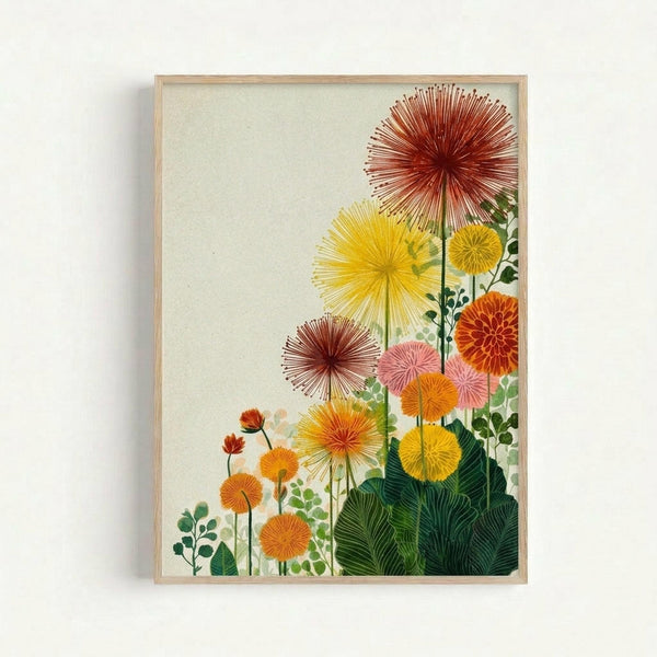 Framed botanical art print featuring stylized sunburst flowers in vibrant colors including red, yellow, orange, and pink blooms with radiating petal lines. Green foliage and stems arranged on cream background. Light wood frame mounted on white wall.