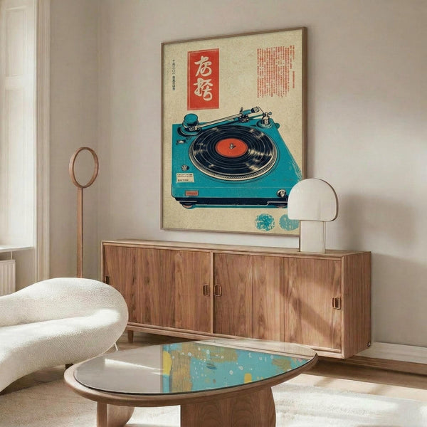 May include: Framed vintage-style poster featuring a turquoise record player with vinyl record and Japanese characters on cream background, displayed above mid-century wooden credenza with sliding doors. White curved chair and glass coffee table with colorful abstract design visible in modern living room setting with white walls and natural lighting.