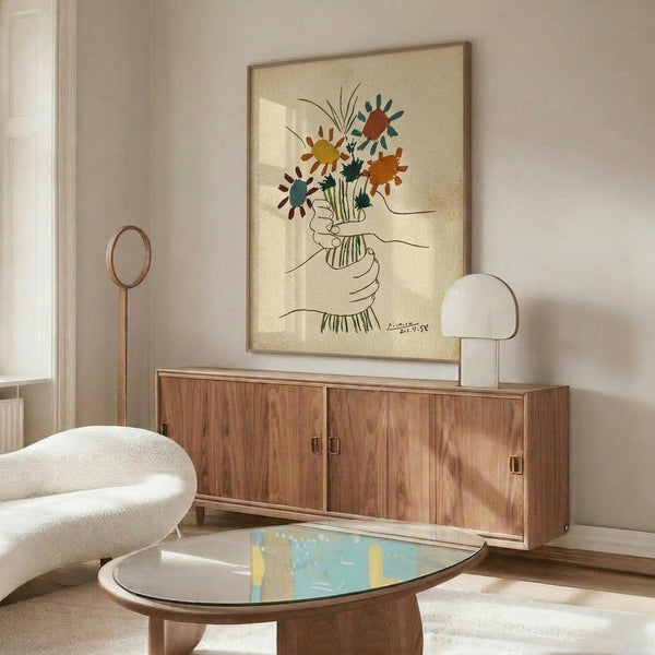May include: Framed art print on cream background featuring colorful hand-drawn flowers in red, orange, yellow, blue and green with black line drawing of hands holding bouquet. Displayed above mid-century walnut credenza in modern living room with white curved chair, brass floor lamp, glass coffee table and natural lighting.