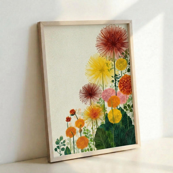 May include: Framed botanical art print leaning against white wall, featuring stylized flowers in warm tones - red, orange, yellow, and pink circular blooms with radiating線patterns resembling dandelions or sunbursts, accompanied by green foliage on cream background, displayed in natural wood frame