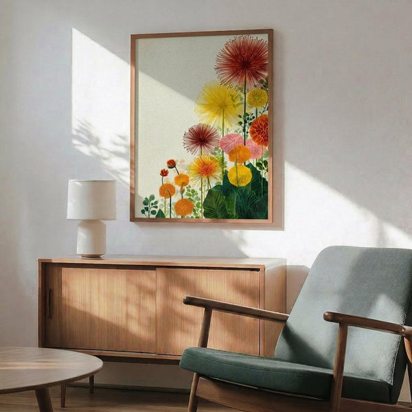 May include: Framed botanical print featuring colorful sunburst flowers in red, yellow, orange, and pink with green foliage, displayed above a mid-century modern wooden credenza with table lamp in a bright living room setting with sage green upholstered chair and round coffee table