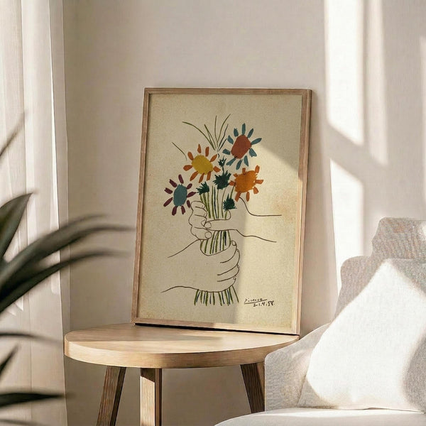 May include: Framed art print displaying a line drawing of hands holding a colorful bouquet with flowers in orange, yellow, teal, and burgundy tones on cream paper. The wooden-framed artwork sits on a round natural wood side table next to a beige upholstered chair with white pillow. Soft natural lighting creates shadows on the neutral wall, with green plant leaves visible in the corner of the modern, minimalist room setting.