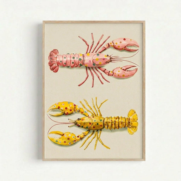 A framed vintage-style illustration featuring two colorful lobsters on cream background. The top lobster is pink with multicolored polka dots in green, yellow, and red across its segmented body and large claws. The bottom lobster is bright yellow with similar polka dot pattern. Both have detailed antennae, legs, and fan-shaped tails. The artwork is displayed in a light wood frame against a white wall, showing fine line work and watercolor-like coloring in a scientific illustration style.