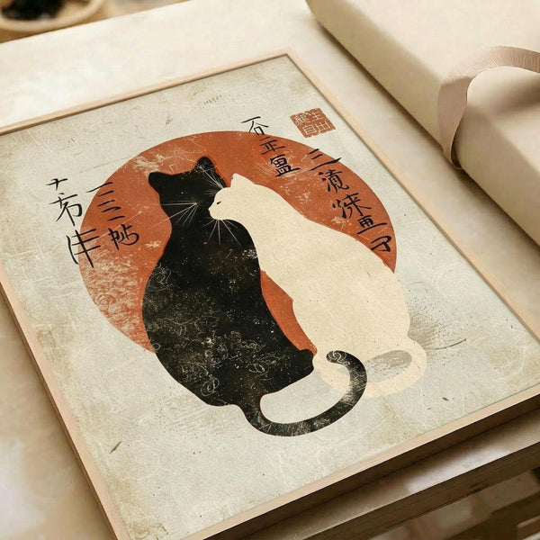 Japanese-style artwork showing two cats in yin yang formation against an orange-red circular background. One cat is black, one is cream-colored, positioned to create the classic yin yang symbol. Features traditional Asian calligraphy characters and a red stamp seal. The print has a weathered, vintage texture on cream paper and is displayed in an open book or portfolio with beige ribbon visible.