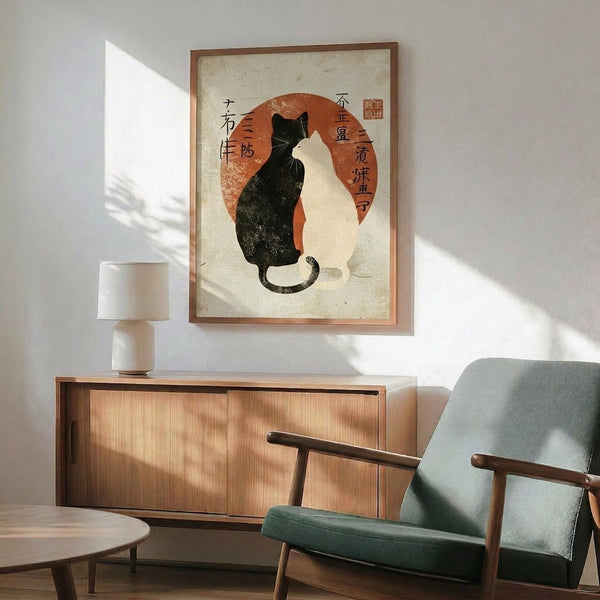 May include: Framed artwork showing two cats in yin yang pose against orange circle background with Japanese characters, displayed above wooden sideboard with table lamp in mid-century modern living room setting with sage green chair and natural lighting creating shadows on white wall