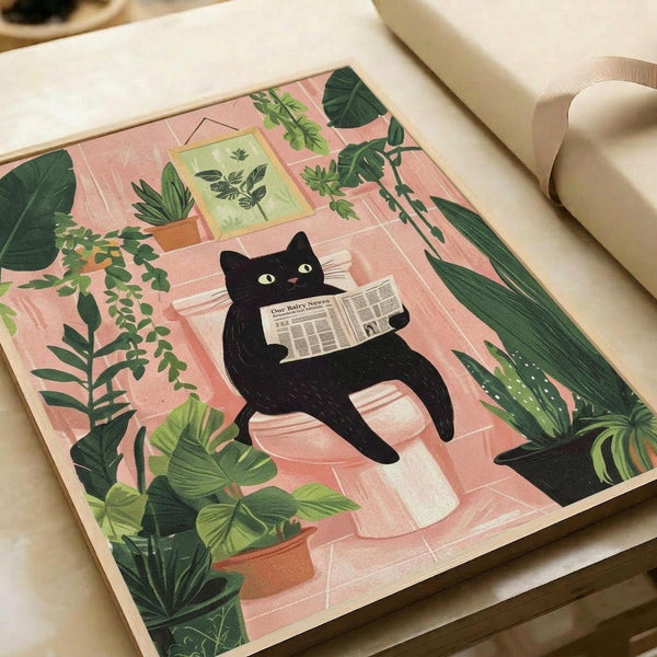 May include: Illustrated poster print displayed on white surface showing a black cat with yellow eyes reading a newspaper in a pink-tiled room surrounded by lush green houseplants including monstera and trailing vines, with a framed botanical print on the wall