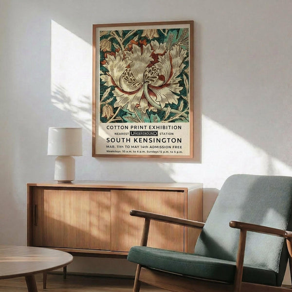 May include: Framed botanical exhibition poster featuring large cream peony flower with green foliage on vintage-style background, displayed above wooden sideboard in mid-century modern living room with mint green upholstered chair, ceramic table lamp, and natural lighting casting shadows on white wall.