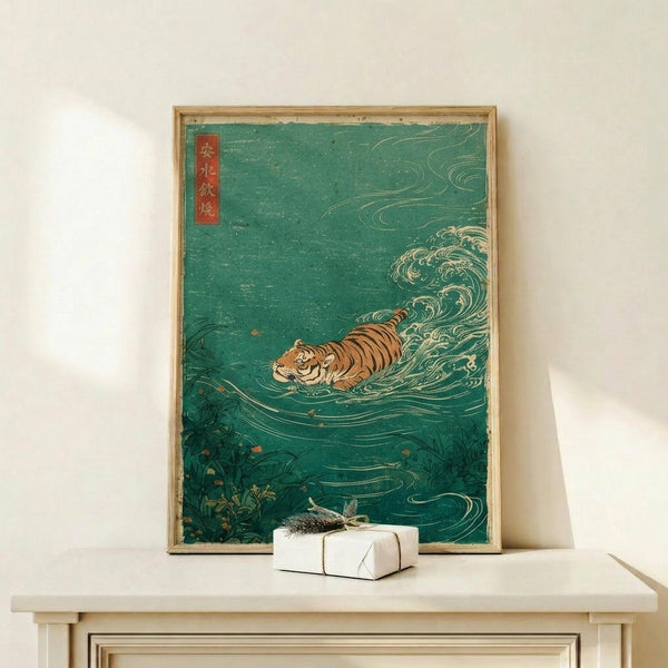 May include: A framed ukiyo-e style print showing an orange tiger swimming through turquoise-green waters with flowing waves and white foam. The artwork features traditional Japanese woodblock print aesthetics with a red text cartouche in the upper left corner. The print is displayed in a light wood frame on a cream-colored wooden shelf against a white wall, with a small white wrapped gift box positioned in front.