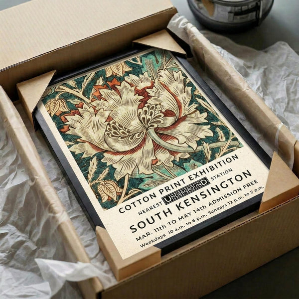 May include: Vintage botanical poster featuring a large cream and coral peony flower with green foliage, displayed in black frame within cardboard packaging box surrounded by brown paper wrapping materials on white tissue paper surface.