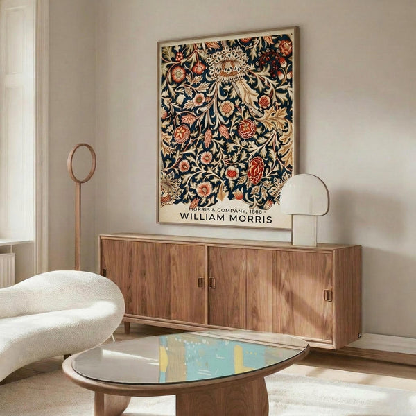 May include: Framed William Morris floral pattern poster with intricate botanical design in navy blue, coral pink, and cream colors hanging above a mid-century modern walnut credenza. White sculptural chair and oval coffee table with colorful abstract art visible in minimalist living room setting with neutral walls and natural lighting.