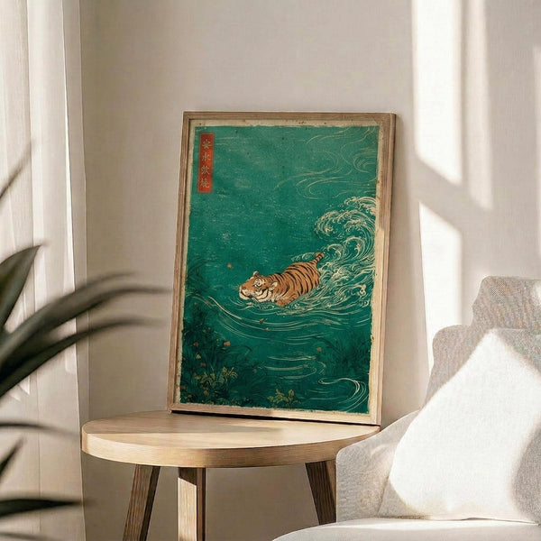 May include: A framed Japanese ukiyo-e style print featuring an orange and black striped tiger swimming through turquoise waves with white foam details and red text cartouche in upper left corner, displayed on a light wood round side table next to a beige upholstered chair with white pillow, green plant leaves visible on left side, soft natural lighting creating shadows on white wall background.