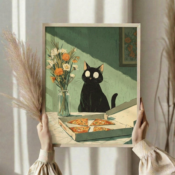 May include: Person in cream ruffled sleeve top holding framed artwork and dried pampas grass against white curtained window. The illustrated print shows a black cat with large white eyes sitting behind a pizza box and glass vase with orange and white flowers, rendered in muted green and cream tones with vintage-style shading.