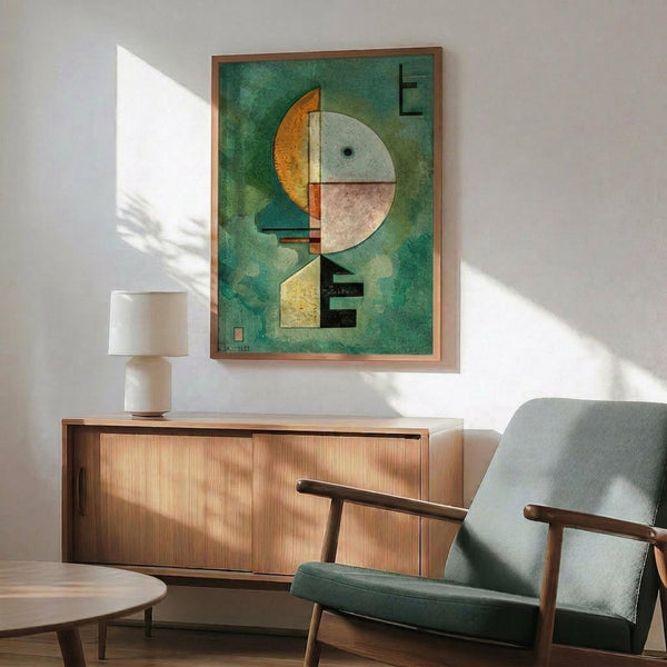 May include: Abstract geometric artwork with green background featuring circular and angular shapes in orange, white, pink, and black, displayed in wooden frame above mid-century modern credenza with white ceramic lamp, alongside teal upholstered armchair in sunlit room with white walls