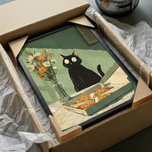 May include: Framed art print in black frame being unboxed from cardboard packaging with protective wrapping. The artwork shows a black cat with wide yellow eyes sitting next to a vase of orange and white flowers, with pizza slices on an open box below. The illustration has a vintage poster style with muted green background and warm tones. Frame appears medium-sized relative to the shipping box.