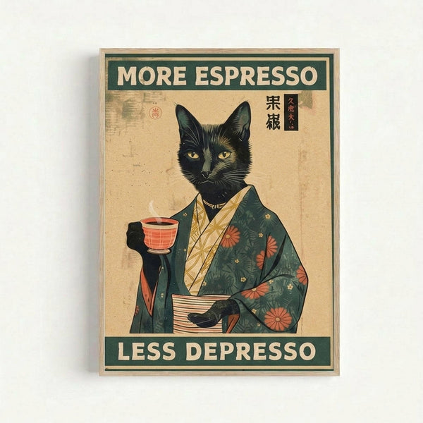 A vintage-style poster featuring a black cat with yellow eyes wearing a traditional Japanese kimono with green fabric and orange floral patterns. The cat holds a red and orange striped coffee cup. Text reads "MORE ESPRESSO" at the top and "LESS DEPRESSO" at the bottom in cream letters on green banners. Japanese characters appear in the upper right corner. The artwork has an aged, beige background with a weathered texture and is displayed in a light wood frame against a white wall.