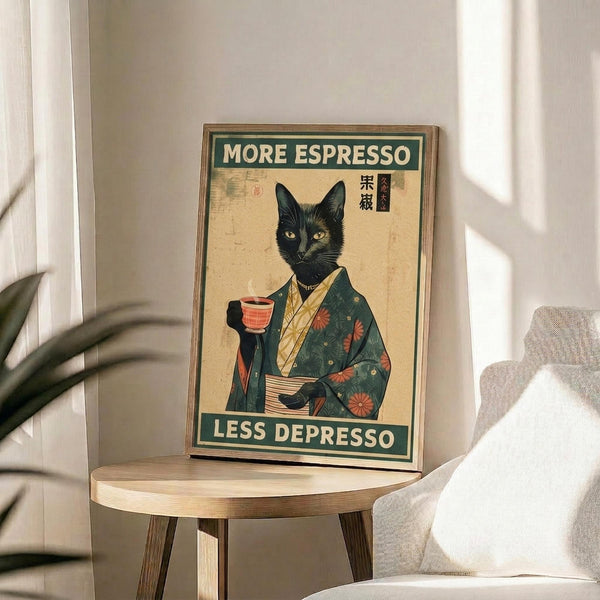 May include: Framed vintage-style poster featuring a black cat in traditional Japanese clothing holding a red coffee cup, displayed on a wooden round stool next to a beige upholstered chair. The artwork has aged parchment background with Japanese characters, green text banners reading "MORE ESPRESSO" and "LESS DEPRESSO." Natural sunlight streams across the neutral-toned room setting with a plant visible in the corner.
