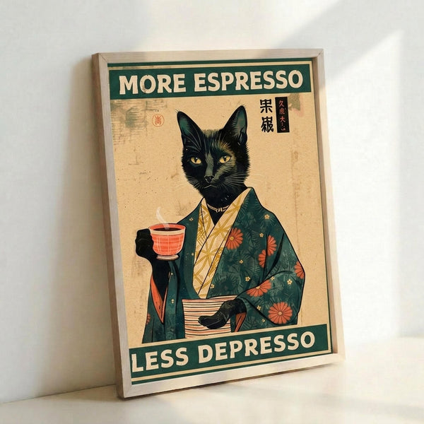 A framed poster featuring a black cat with yellow eyes wearing a traditional Japanese kimono in teal with orange floral patterns. The cat holds a steaming red coffee cup while sitting formally. The artwork is styled like vintage Japanese woodblock prints with aged beige background and Japanese characters. Green banners at top and bottom read "MORE ESPRESSO" and "LESS DEPRESSO" in cream lettering. The wooden frame sits against a white wall.