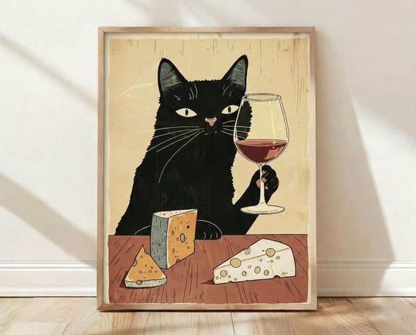 May include: Framed art print leaning against white wall on light wood floor. Shows black cat with green eyes holding wine glass filled with red wine, sitting at wooden table with various cheese wedges. Artwork has vintage-style illustration with cream background and natural wood frame.