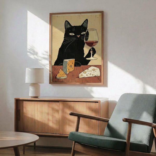 May include: Framed poster print displayed above wood credenza showing black cat holding wine glass with cheese varieties on wooden surface. Mid-century modern living room setting with teal upholstered chair, round coffee table, and ceramic table lamp. Warm natural lighting creates geometric shadows on white wall. Vintage-inspired illustration style with muted color palette.