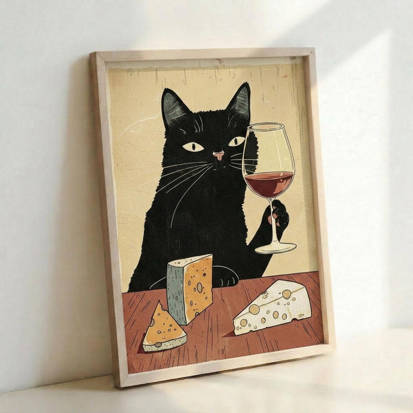May include: Framed poster print leaning against white wall showing black cat with green eyes holding wine glass filled with red wine, sitting behind wooden table with various cheese wedges including blue cheese and swiss cheese, vintage-style illustration with cream background and warm lighting