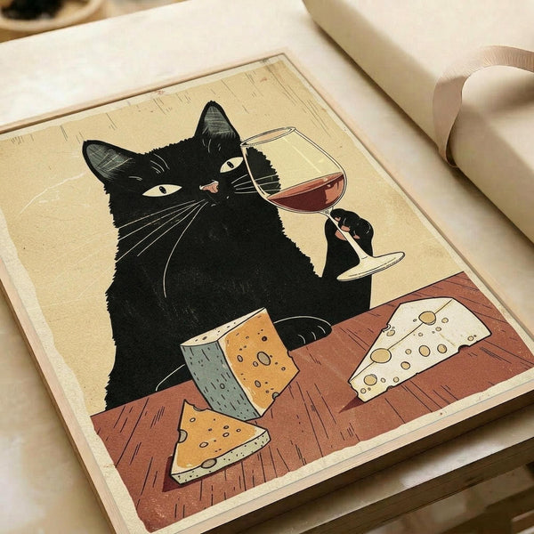 A vintage-style illustration of a black cat with yellow eyes holding a wine glass filled with red wine. The cat sits at a wooden table with various cheese wedges and slices scattered around. The artwork has a cream-colored background with woodblock print aesthetic. The print is displayed flat on white paper with a beige ribbon visible in the corner, showing the actual poster artwork itself.