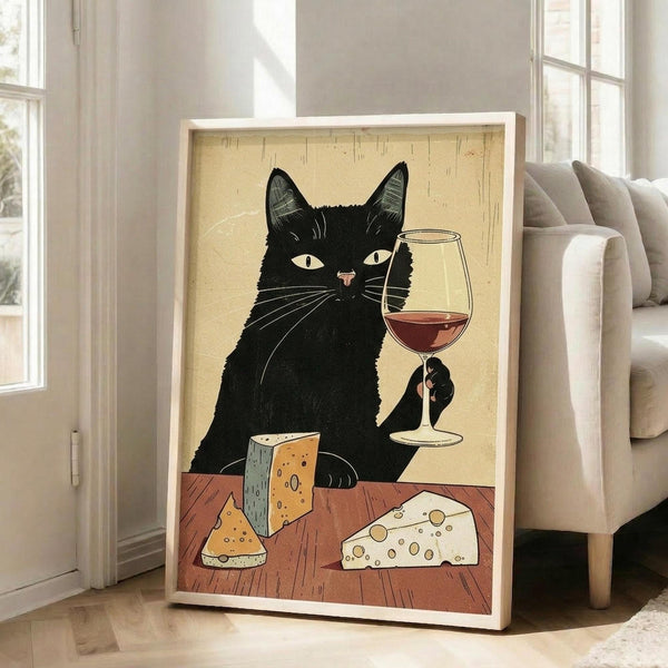 May include: Large framed poster print leaning against white wall in bright living room with beige sofa. Artwork shows black cat with green eyes holding wine glass, surrounded by various cheeses on wooden surface. Vintage-style illustration with cream background and warm earth tones in white frame.