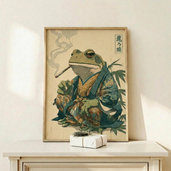 May include: Framed print displayed on light wood shelf showing anthropomorphic frog character in traditional Japanese kimono smoking a pipe with smoke curling upward. The artwork features muted green and brown tones in classic ukiyo-e woodblock print style with Japanese characters in corner. Small white wrapped gift box with evergreen sprig sits beside the wooden frame against cream colored wall.