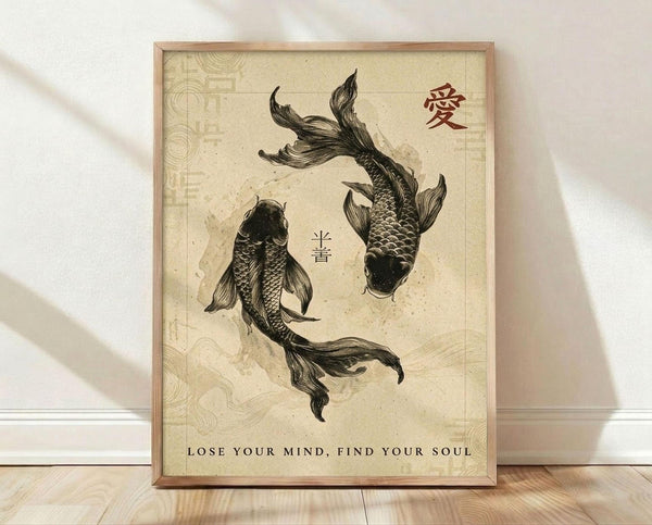 May include: Framed vintage-style poster featuring two black koi fish swimming in yin yang formation on aged beige background with Chinese characters and "Lose Your Mind, Find Your Soul" text below. Natural wood frame displayed on light wooden floor against white wall with soft shadows.