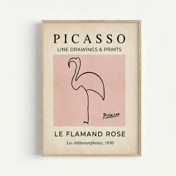 May include: Framed museum-style poster with cream matting and light wood frame mounted on white wall. Features minimalist line drawing of flamingo in continuous black strokes on soft pink background. Typography reads "PICASSO LINE DRAWINGS & PRINTS" at top and "LE FLAMAND ROSE Les Métamorphoses, 1930" at bottom in black text on beige paper.