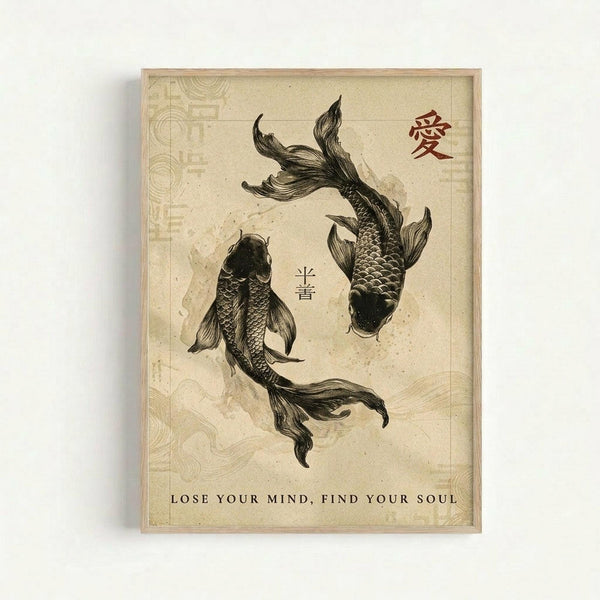 Framed poster print featuring two black ink koi fish swimming in opposite directions on aged beige paper background. The artwork includes red and black Japanese characters and the text "LOSE YOUR MIND, FIND YOUR SOUL" at the bottom. The print has a vintage aesthetic with subtle geometric patterns and is displayed in a light wood frame against a white wall.
