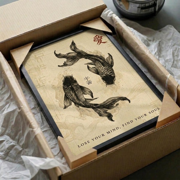 May include: Framed poster print featuring two black koi fish in yin yang formation on aged beige background with red Chinese characters and "LOSE YOUR MIND, FIND YOUR SOUL" text below. Black frame in opened cardboard shipping box with white tissue paper padding on wooden surface.