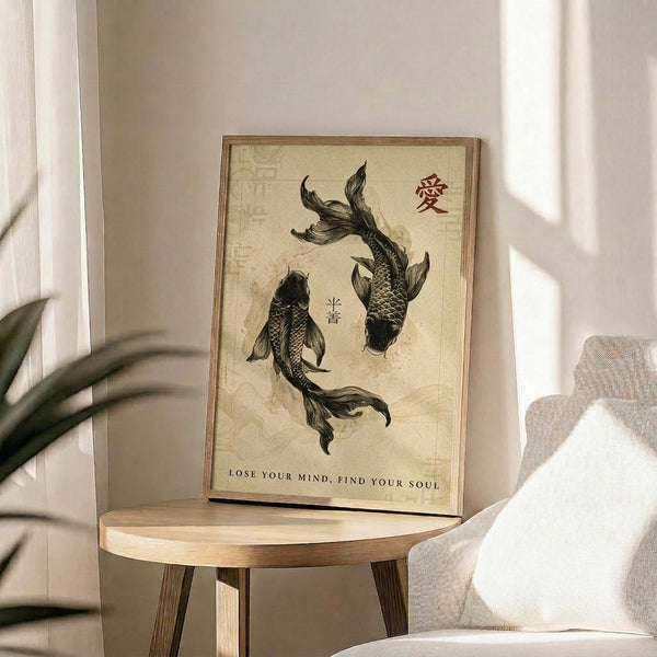 May include: Framed poster print featuring two black koi fish in yin yang formation on cream background with red Chinese characters and "Lose Your Mind, Find Your Soul" text, displayed on round wooden side table next to beige upholstered chair with white pillow and green plant leaves visible in soft natural lighting.