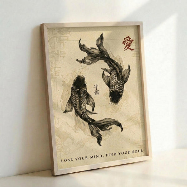 May include: Framed poster print leaning against white wall showing two black koi fish swimming in circular yin-yang formation on aged cream background with Chinese characters and "LOSE YOUR MIND, FIND YOUR SOUL" text at bottom. Light wood frame with natural grain visible, soft natural lighting creating gentle shadows.